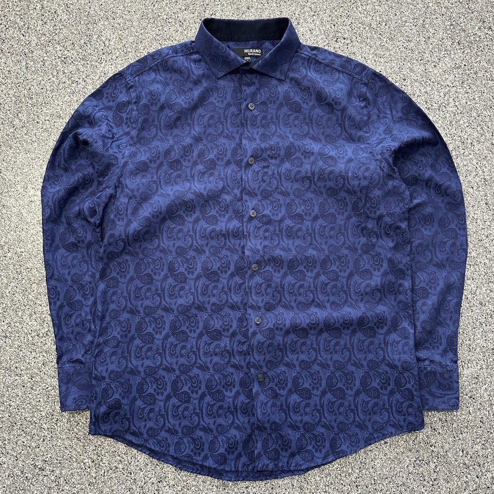Murano Button Down Dress Shirt Mens M Paisley Navy Blue Liquid Luxury